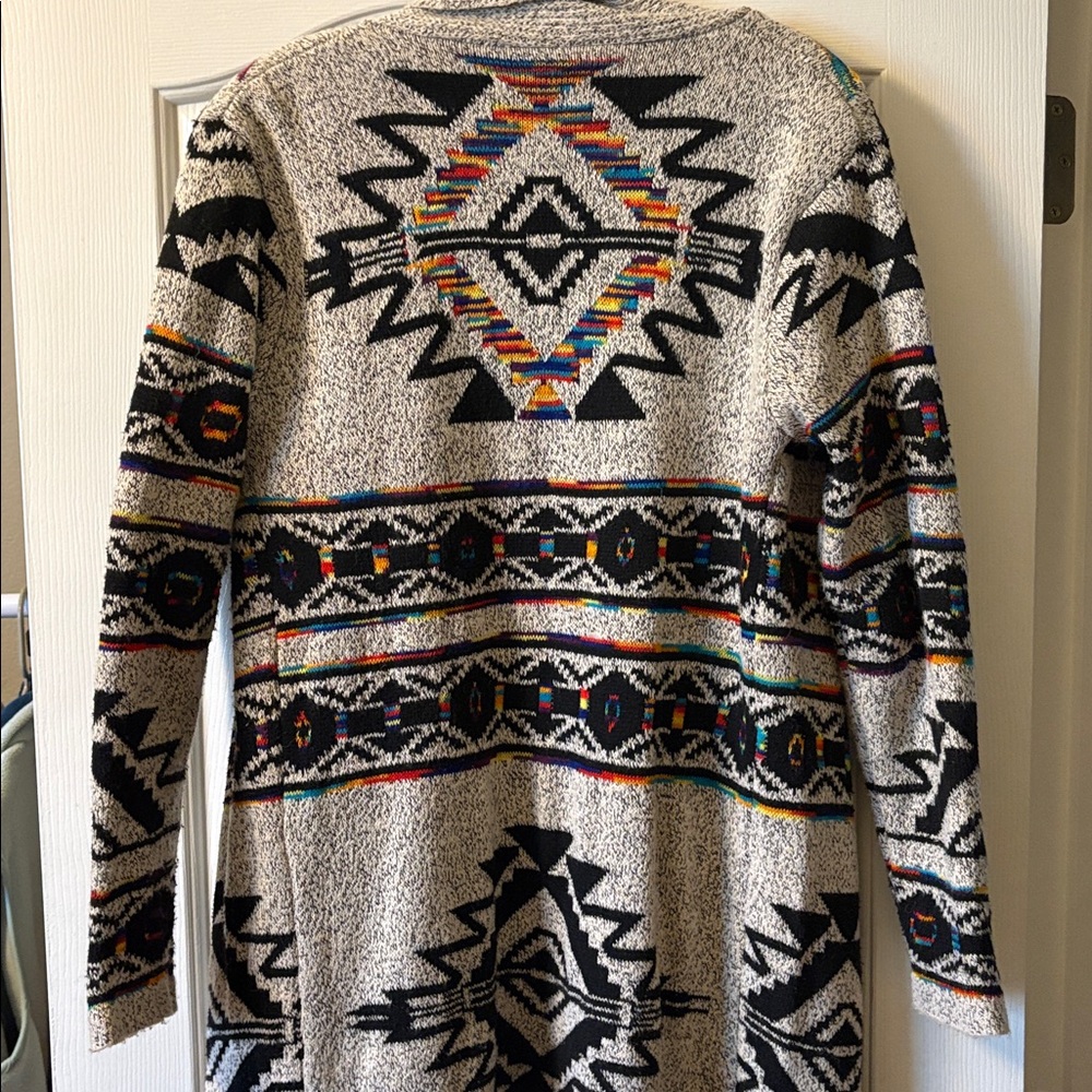 Boho Aztec Print Long Cardigan Sweater | Open Front | Cozy Tribal Duster size M - Picture 6 of 6